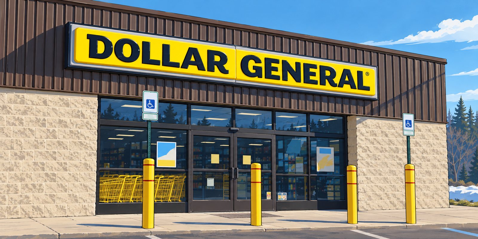 Illustration of a Dollar General store front with its yellow and black sign, glass doors, yellow shopping carts inside and yellow bollards along the sidewalk
